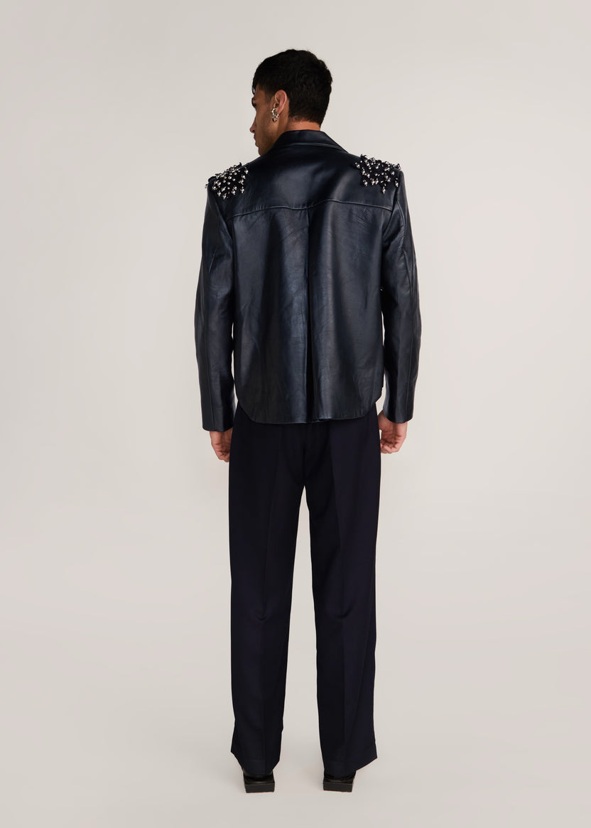 ROSANI The Samklang jacket in obsidian - obsidian leather jacket with hand-crocheted botanical shoulders, back view