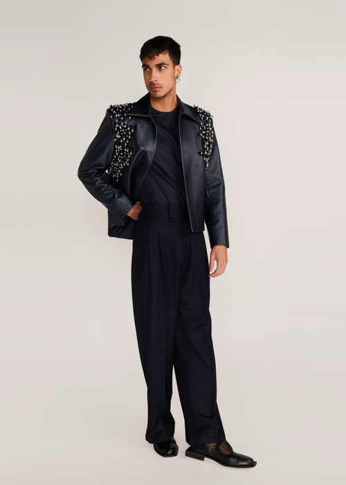 ROSANI The Samklang jacket in obsidian - obsidian leather jacket with hand-crocheted botanical shoulders, front view