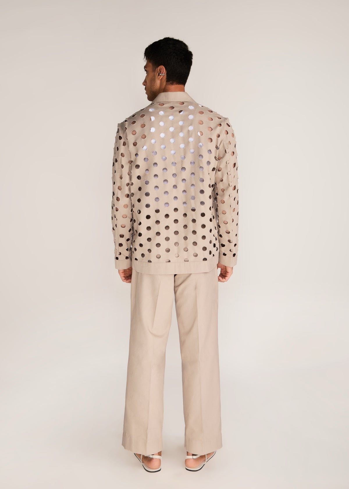 ROSANI The Sintesi blazer in sand dune - sand dune unlined laser-cut cotton blazer, back view