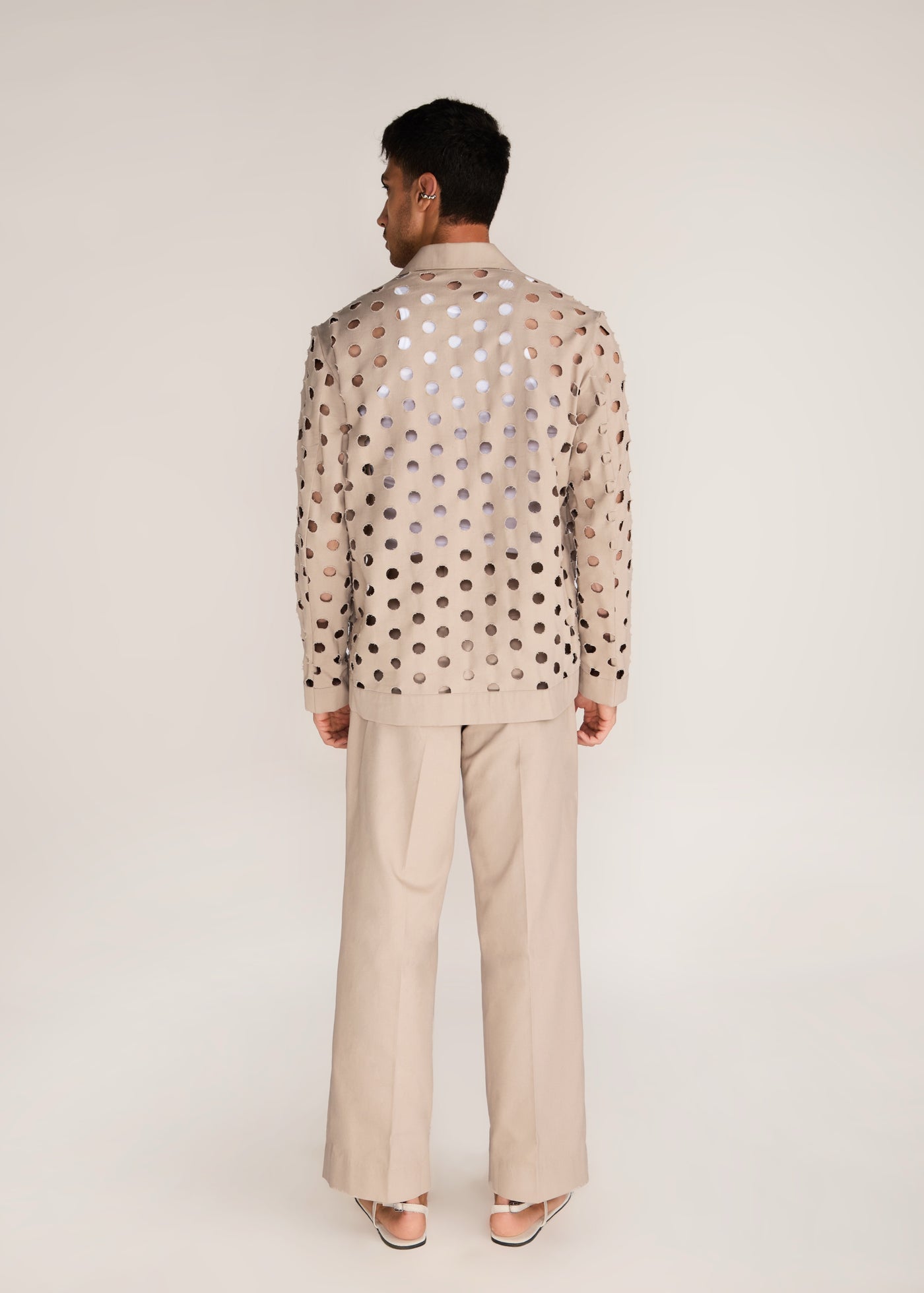 ROSANI The Sintesi blazer in sand dune - sand dune unlined laser-cut cotton blazer, back view