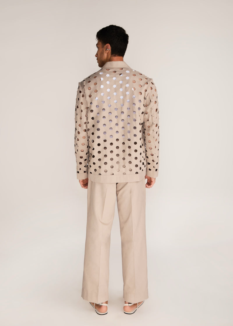 ROSANI The Sintesi blazer in sand dune - sand dune unlined laser-cut cotton blazer, back view