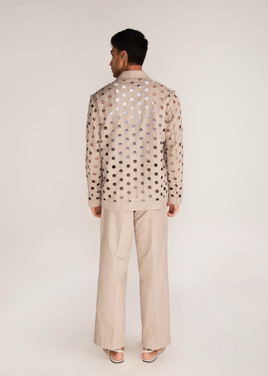 ROSANI The Sintesi blazer in sand dune - sand dune unlined laser-cut cotton blazer, back view
