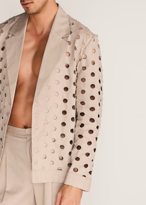 ROSANI The Sintesi blazer in sand dune - sand dune unlined laser-cut cotton blazer, craft detail
