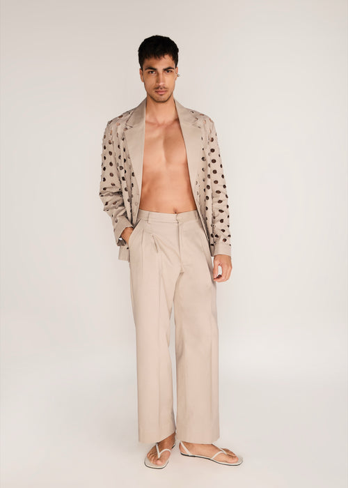 ROSANI The Sintesi blazer in sand dune - sand dune unlined laser-cut cotton blazer, front view, alternate angle