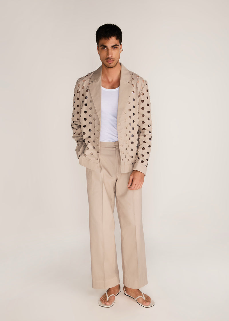 ROSANI The Sintesi blazer in sand dune - sand dune unlined laser-cut cotton blazer, front view