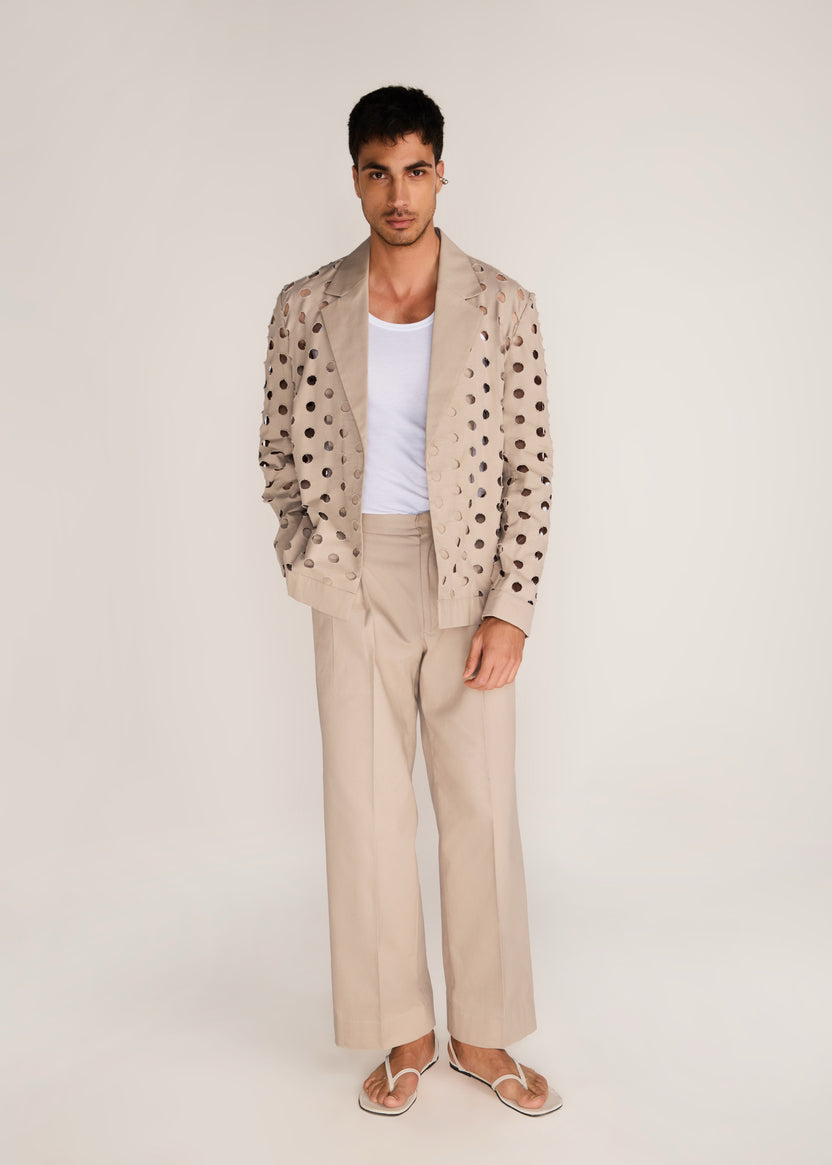 ROSANI The Sintesi blazer in sand dune - sand dune unlined laser-cut cotton blazer, front view
