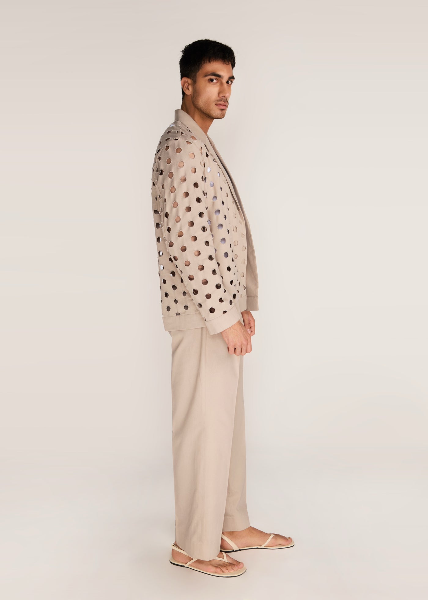 ROSANI The Sintesi blazer in sand dune - sand dune unlined laser-cut cotton blazer, side view