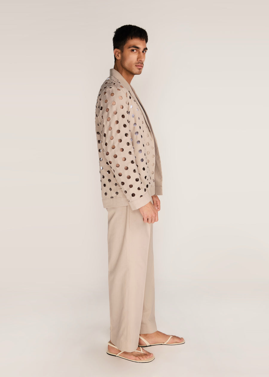 ROSANI The Sintesi blazer in sand dune - sand dune unlined laser-cut cotton blazer, side view