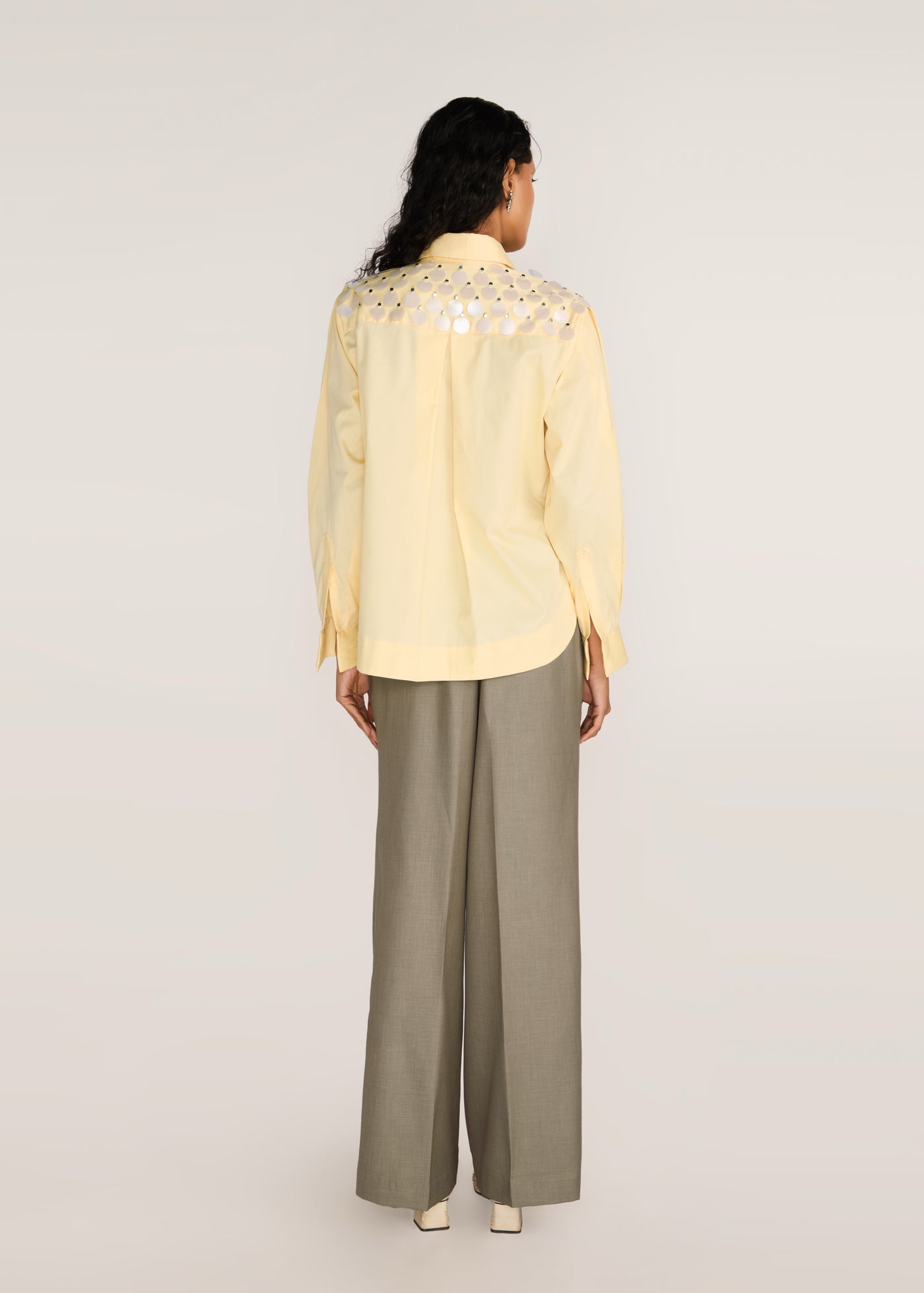ROSANI The Synodos shirt in pale lemon - pale lemon cotton shirt with oversized sequin embroidery, back view