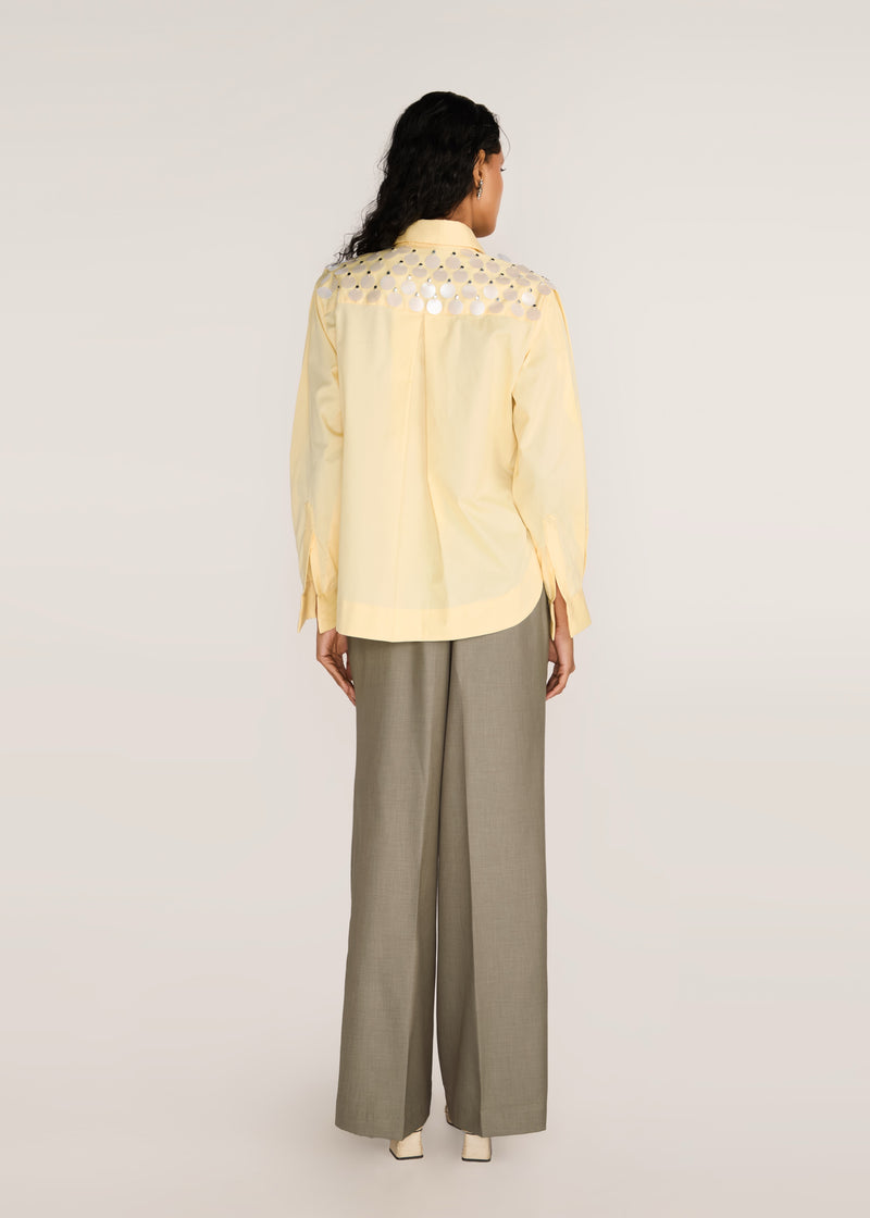 ROSANI The Synodos shirt in pale lemon - pale lemon cotton shirt with oversized sequin embroidery, back view