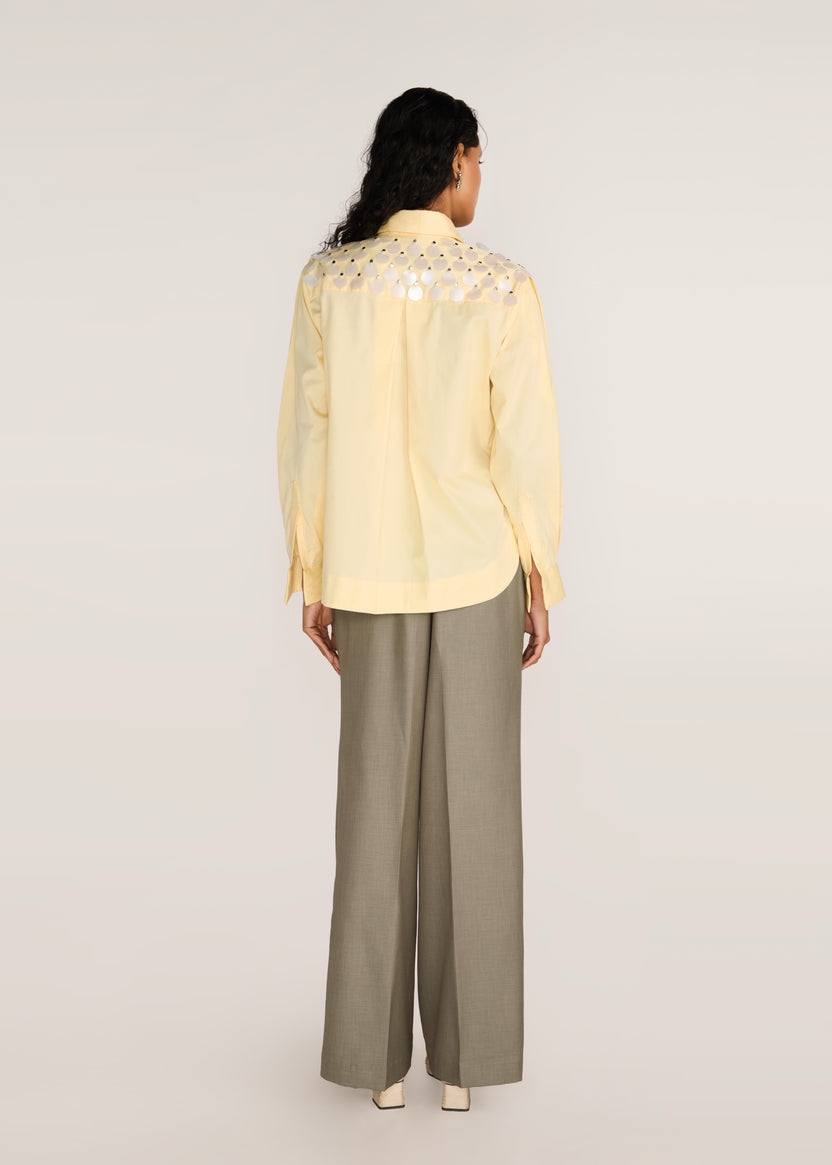 ROSANI The Synodos shirt in pale lemon - pale lemon cotton shirt with oversized sequin embroidery, back view