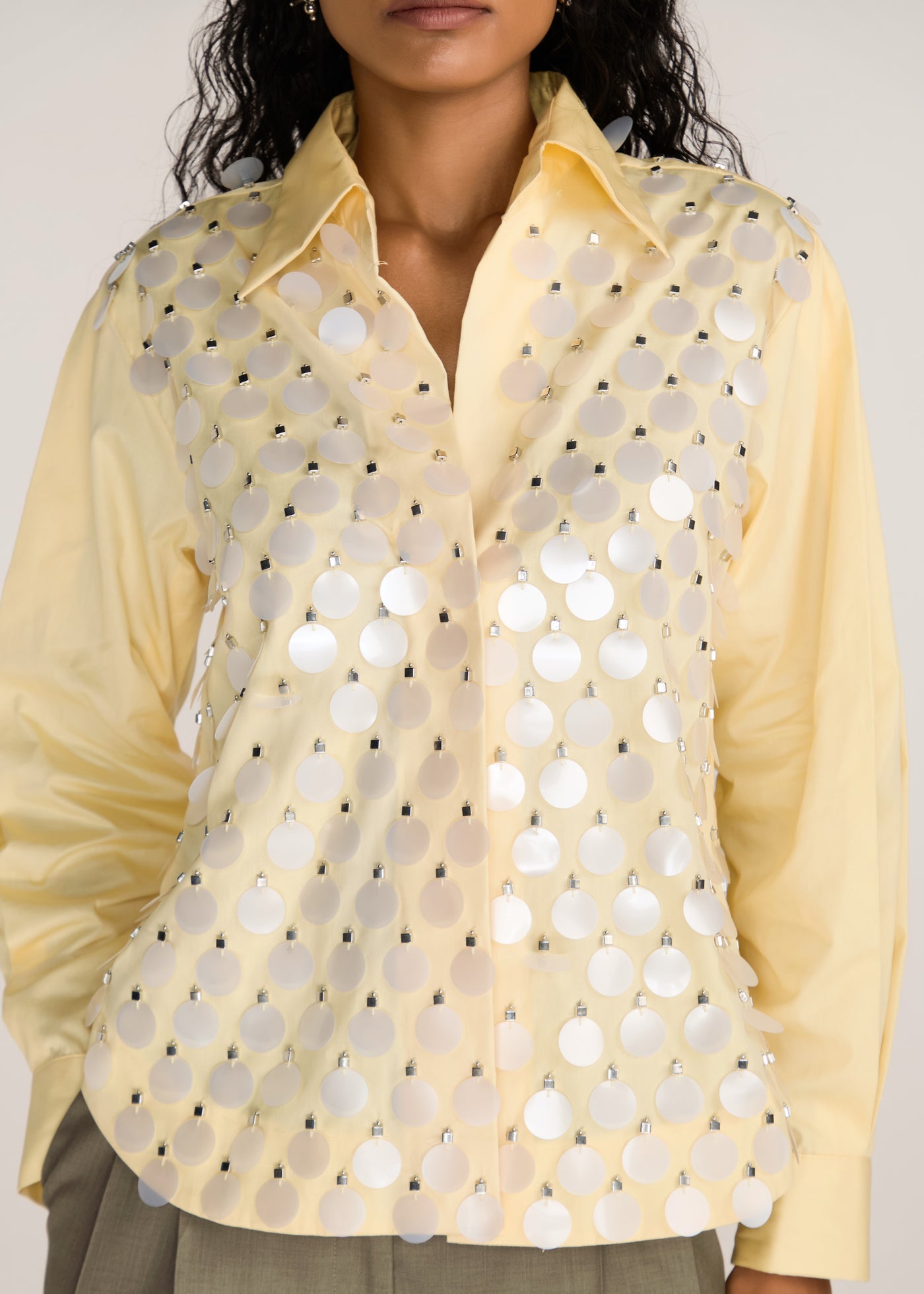 ROSANI The Synodos shirt in pale lemon - pale lemon cotton shirt with oversized sequin embroidery, craft detail