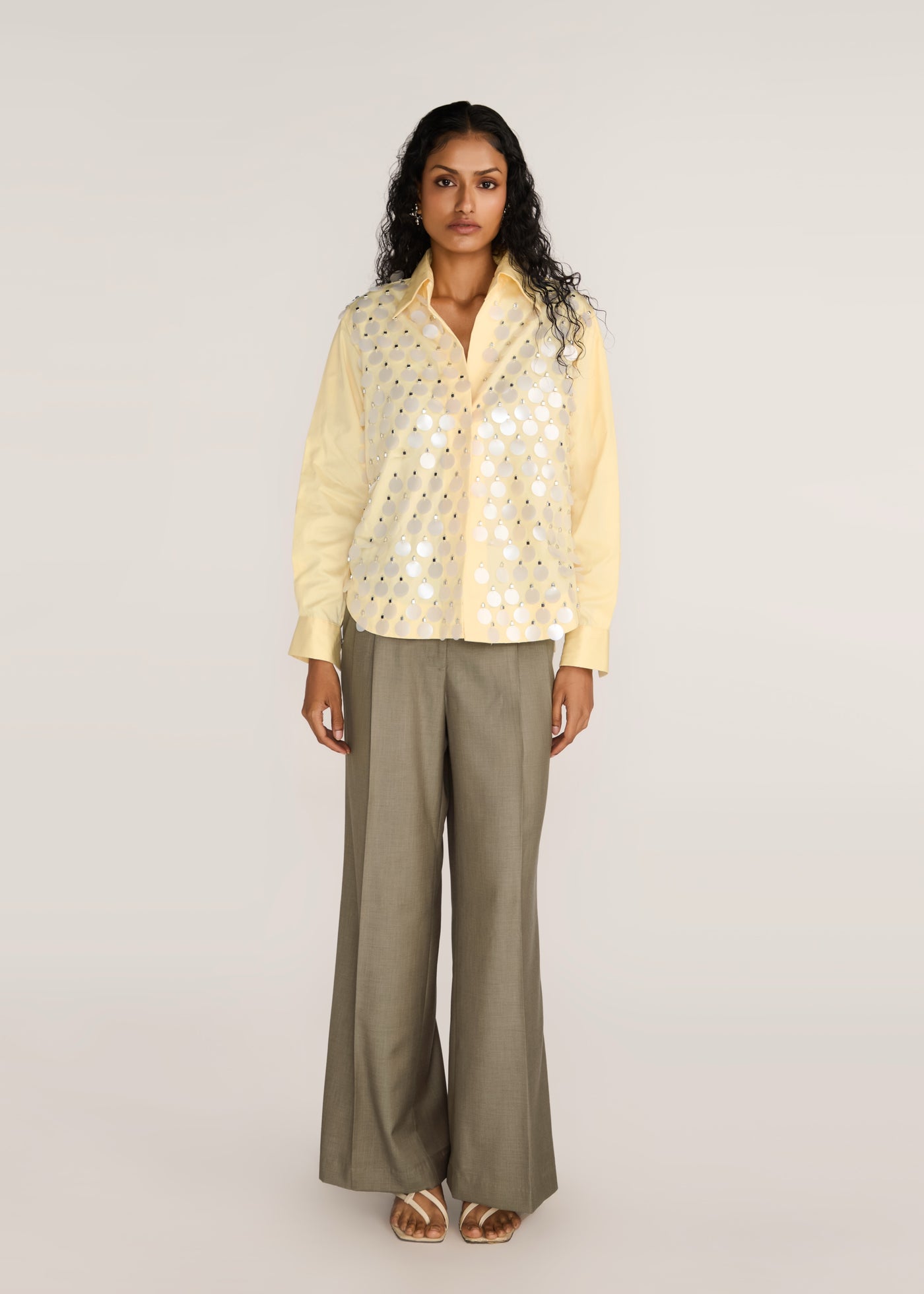 ROSANI The Synodos shirt in pale lemon - pale lemon cotton shirt with oversized sequin embroidery, front view