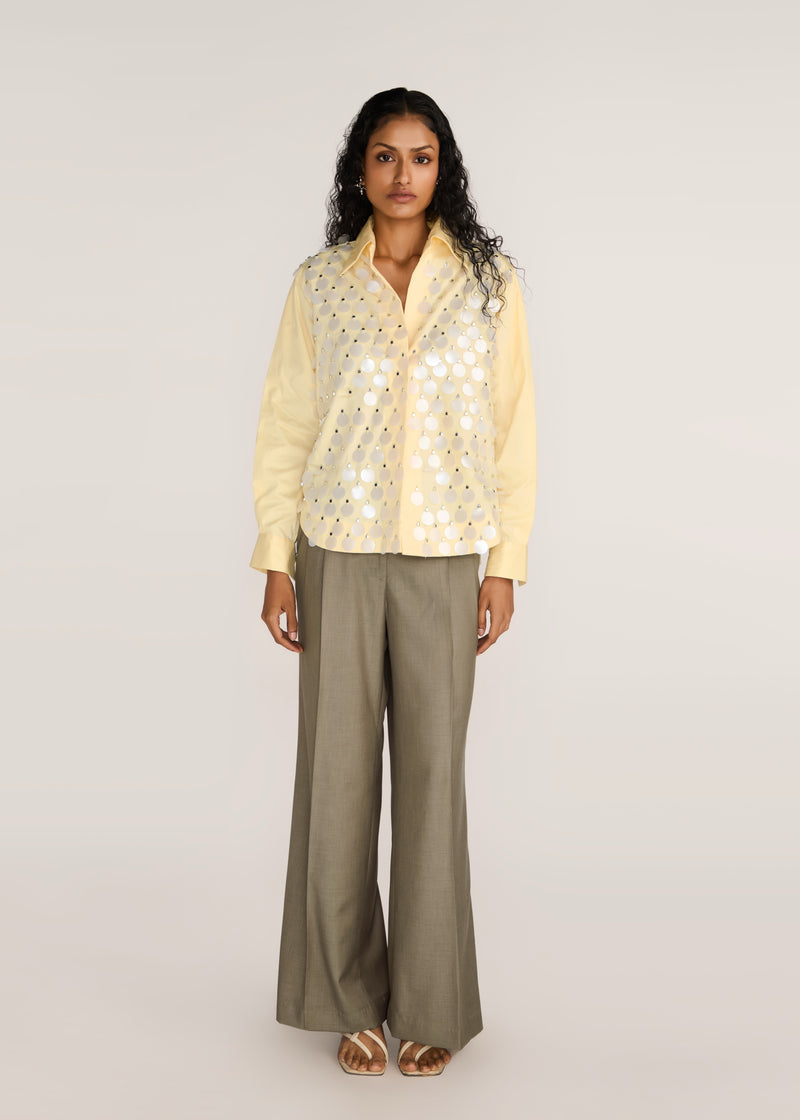 ROSANI The Synodos shirt in pale lemon - pale lemon cotton shirt with oversized sequin embroidery, front view