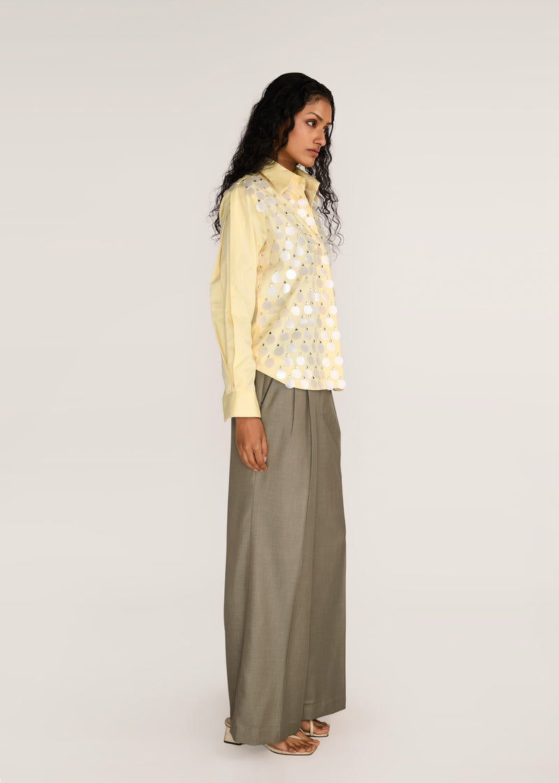 ROSANI The Synodos shirt in pale lemon - pale lemon cotton shirt with oversized sequin embroidery, side view