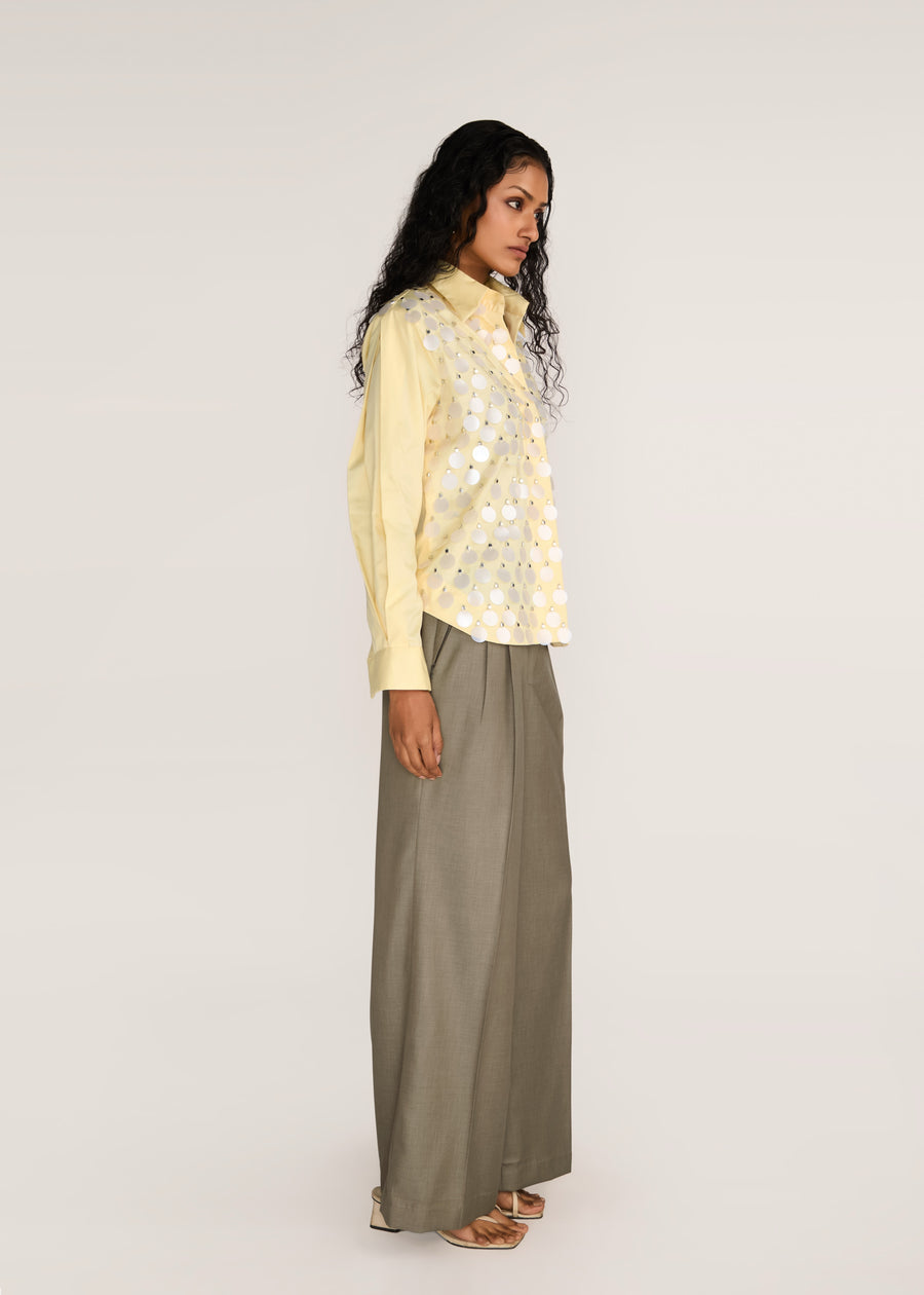 ROSANI The Synodos shirt in pale lemon - pale lemon cotton shirt with oversized sequin embroidery, side view