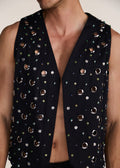 ROSANI The Synra vest in black denim - black denim eyelet and button embroidered vest, craft detail
