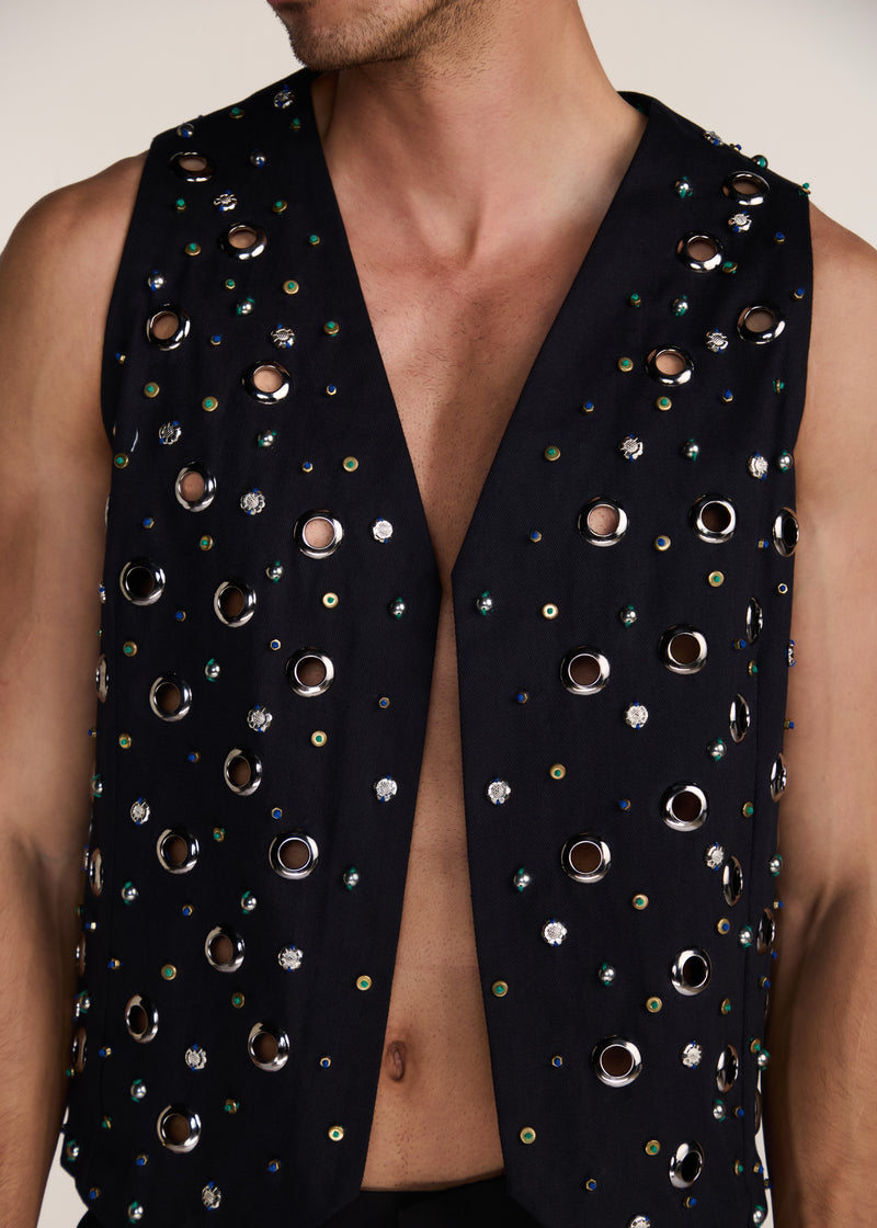 ROSANI The Synra vest in black denim - black denim eyelet and button embroidered vest, craft detail