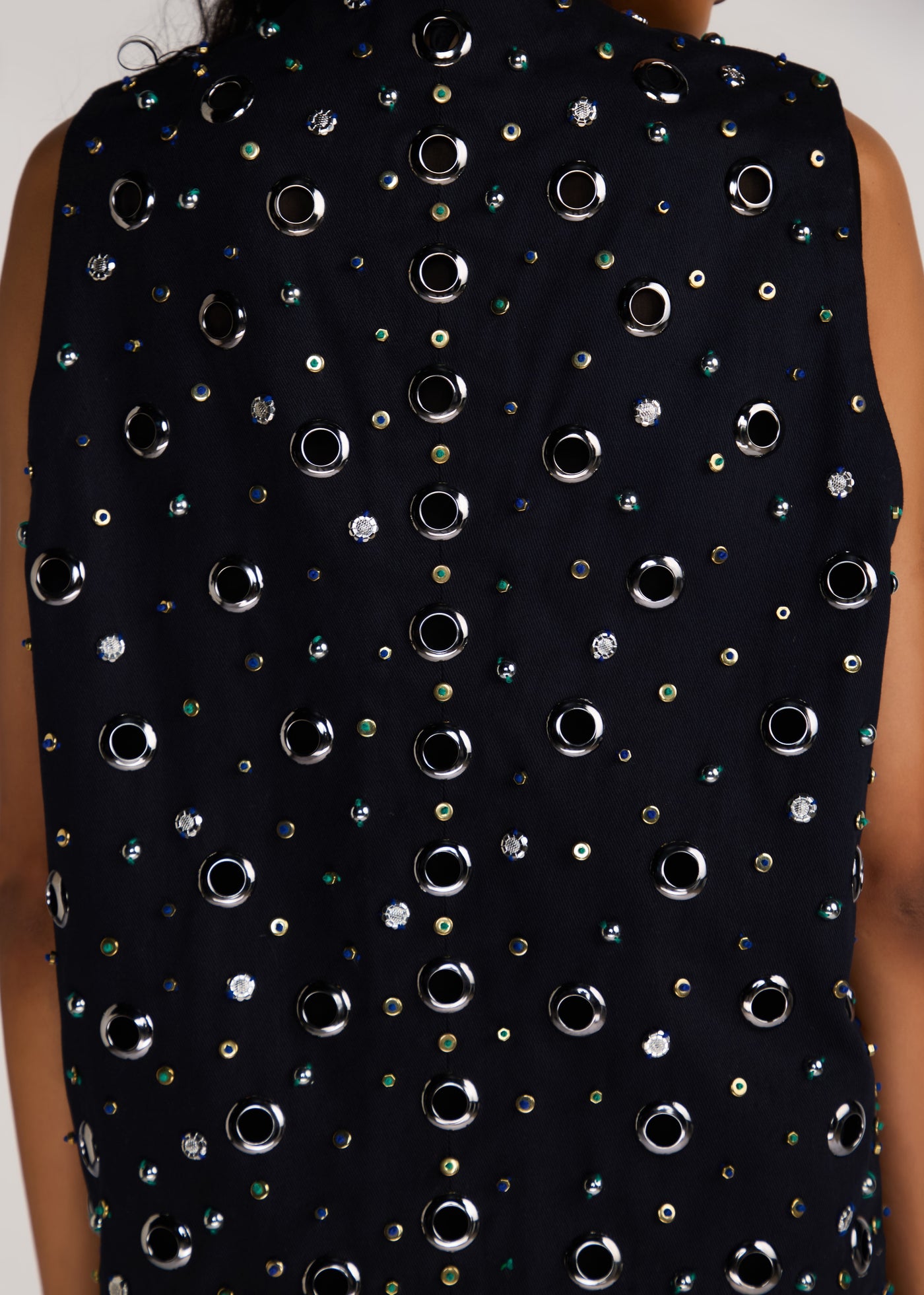 ROSANI The Synra vest in black denim - black denim eyelet and button embroidered vest, craft detail