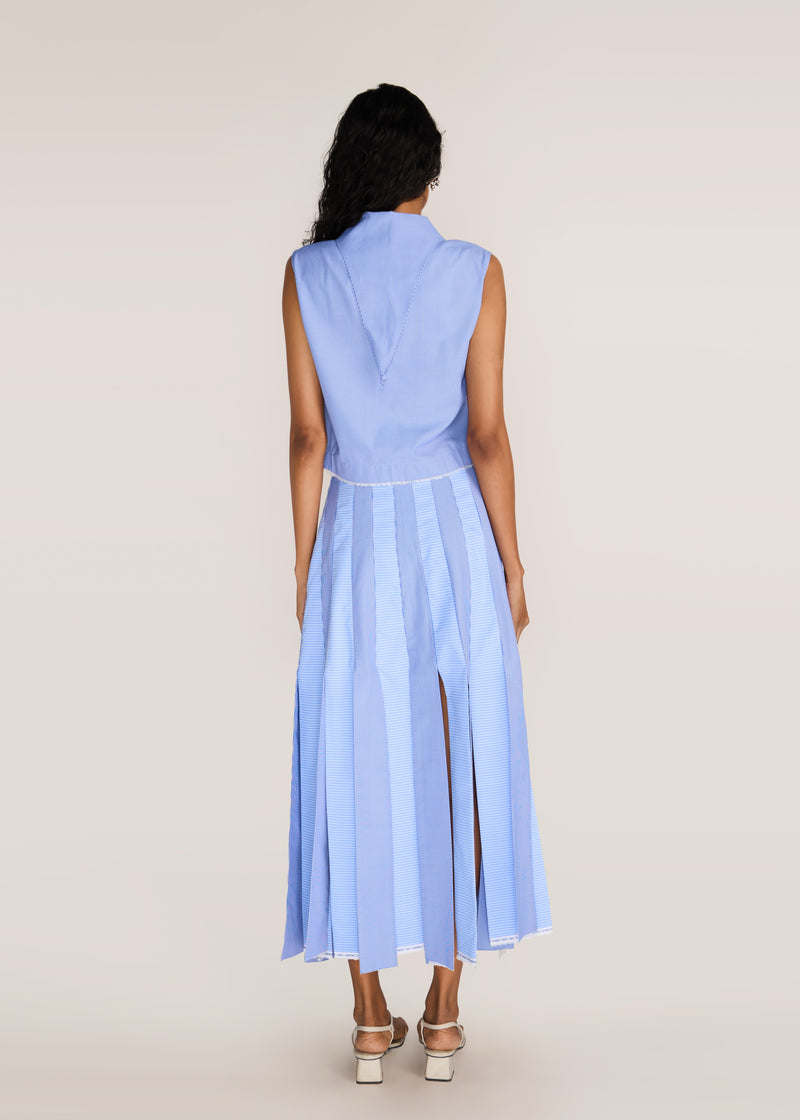 ROSANI The Synthesis top in dreamy blue - dreamy blue striped cropped top with knotted bandana-collar points, back view, alternate angle