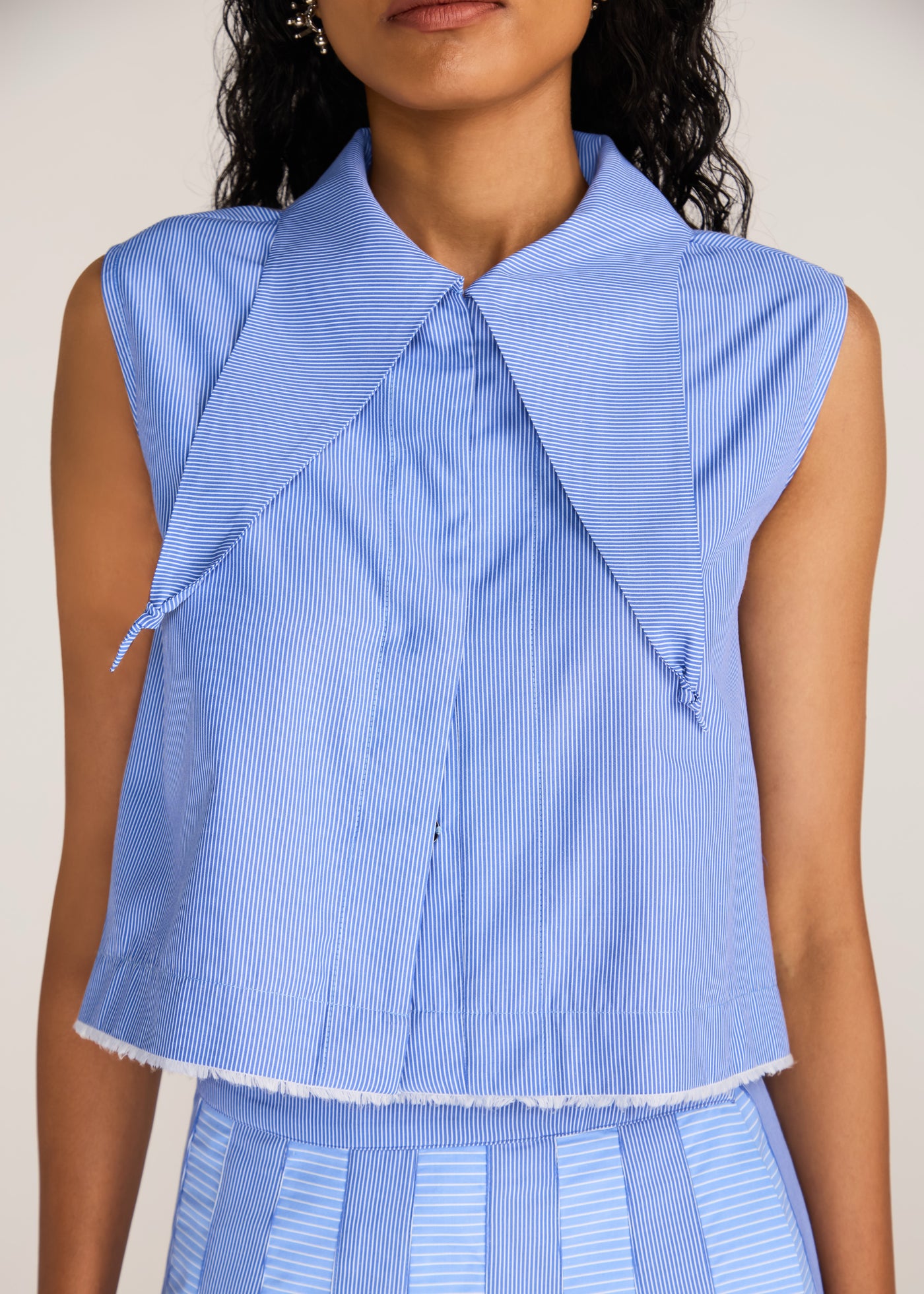 ROSANI The Synthesis top in dreamy blue - dreamy blue striped cropped top with knotted bandana-collar points, craft detail