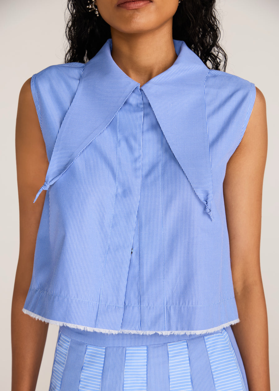 ROSANI The Synthesis top in dreamy blue - dreamy blue striped cropped top with knotted bandana-collar points, craft detail