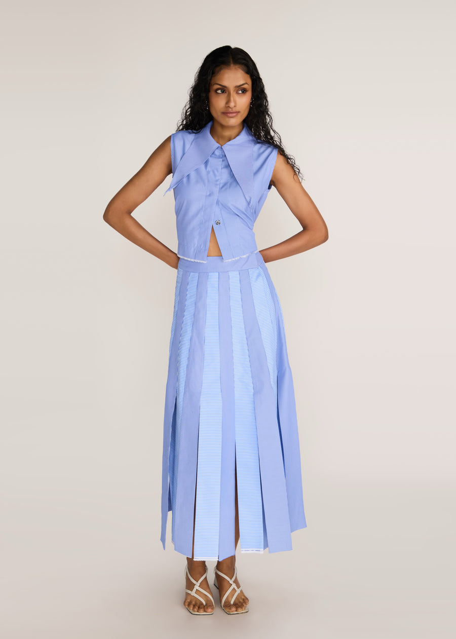 ROSANI The Synthesis top in dreamy blue - dreamy blue striped cropped top with knotted bandana-collar points, front view