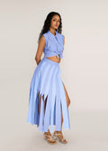 ROSANI The Synthesis top in dreamy blue - dreamy blue striped cropped top with knotted bandana-collar points, side view
