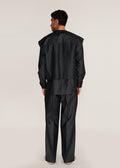 ROSANI The Tawāfuq vest in charcoal - charcoal metallic-detail suiting vest, back view