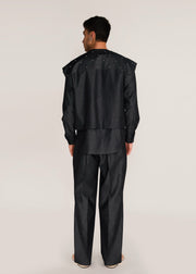 ROSANI The Tawāfuq vest in charcoal - charcoal metallic-detail suiting vest, back view