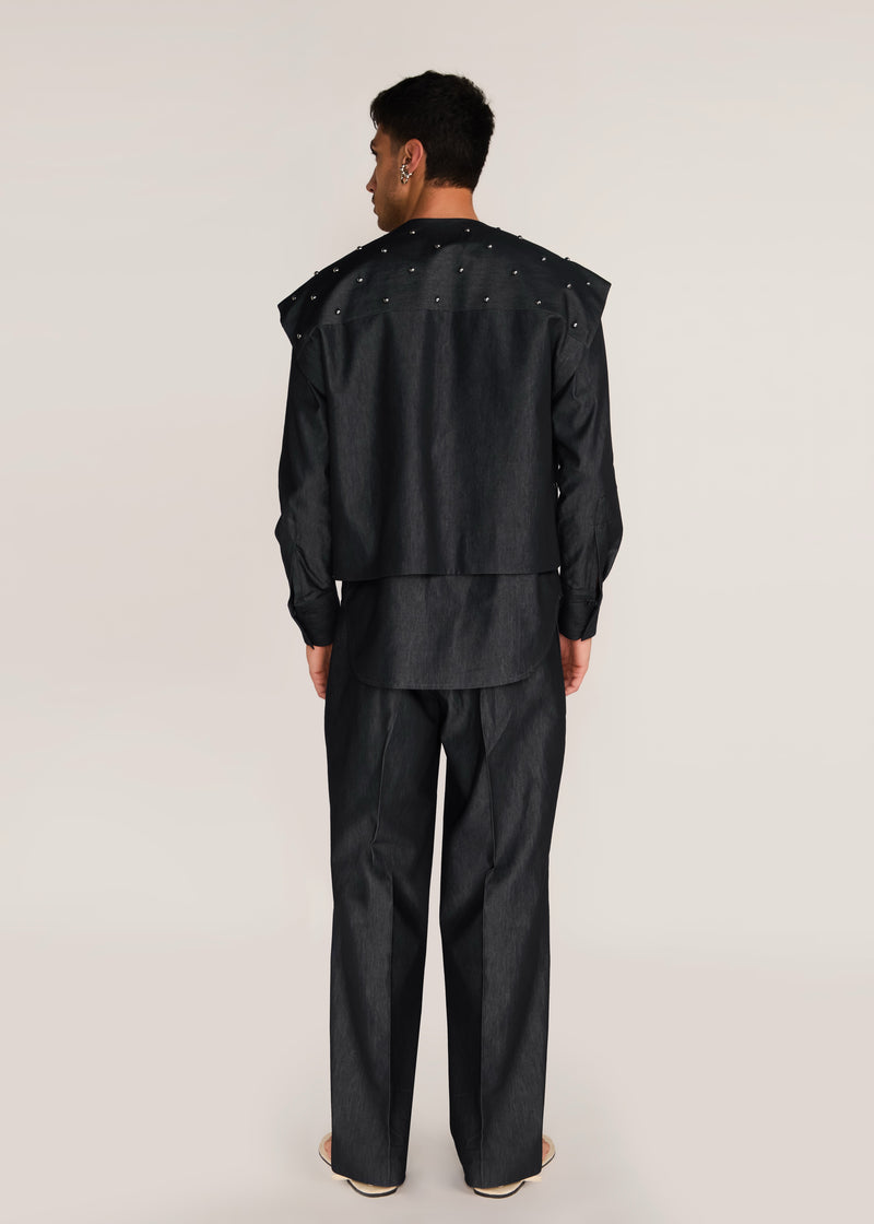 ROSANI The Tawāfuq vest in charcoal - charcoal metallic-detail suiting vest, back view