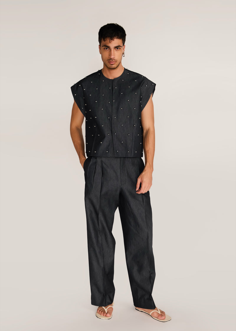 ROSANI The Tawāfuq vest in charcoal - charcoal metallic-detail suiting vest, front view, alternate angle