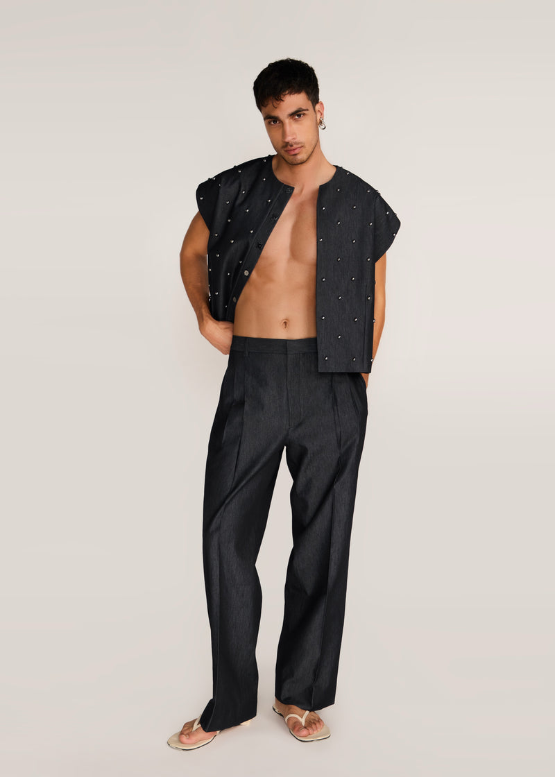 ROSANI The Tawāfuq vest in charcoal - charcoal metallic-detail suiting vest, front view, alternate angle