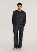 ROSANI The Tawāfuq vest in charcoal - charcoal metallic-detail suiting vest, front view