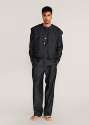 ROSANI The Tawāfuq vest in charcoal - charcoal metallic-detail suiting vest, front view