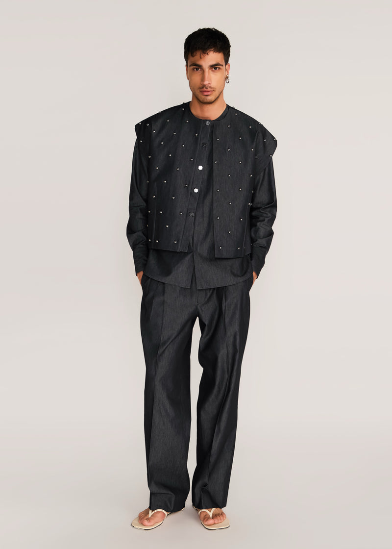 ROSANI The Tawāfuq vest in charcoal - charcoal metallic-detail suiting vest, front view