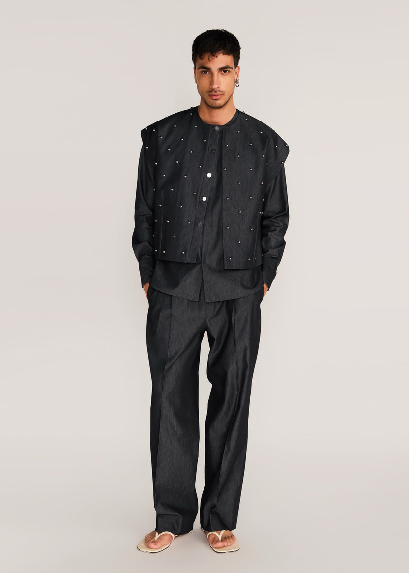 ROSANI The Tawāfuq vest in charcoal - charcoal metallic-detail suiting vest, front view