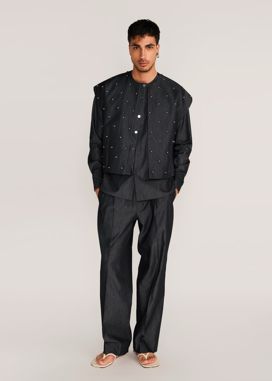 ROSANI The Tawāfuq vest in charcoal - charcoal metallic-detail suiting vest, front view