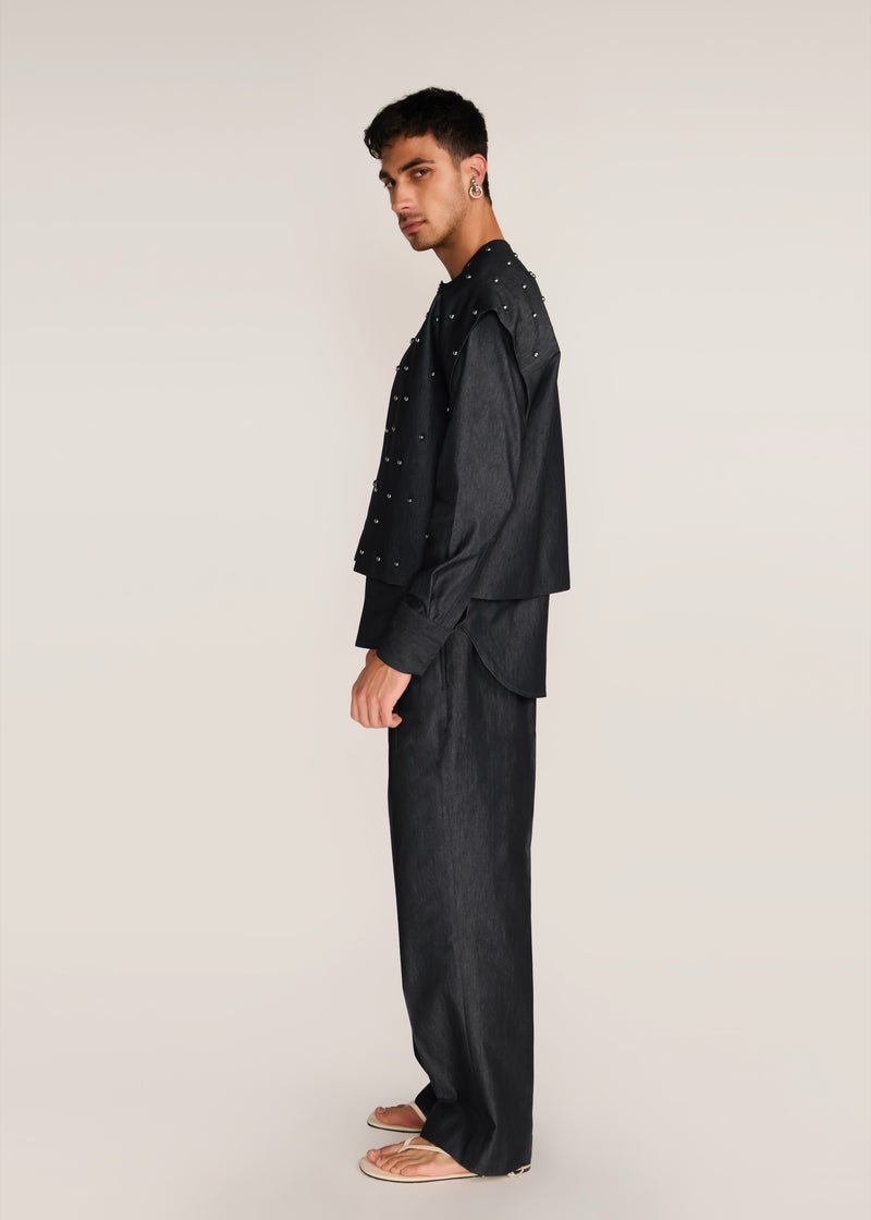 ROSANI The Tawāfuq vest in charcoal - charcoal metallic-detail suiting vest, side view
