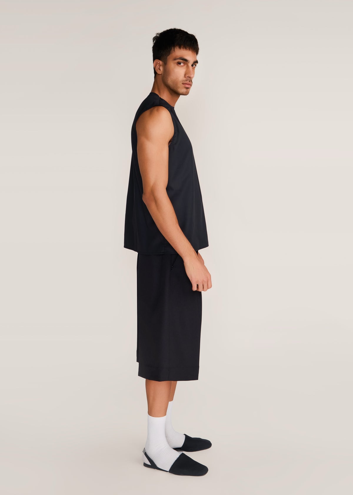 ROSANI The Tayo t-shirt in obsidian - obsidian Korean suiting sleeveless t-shirt, side view