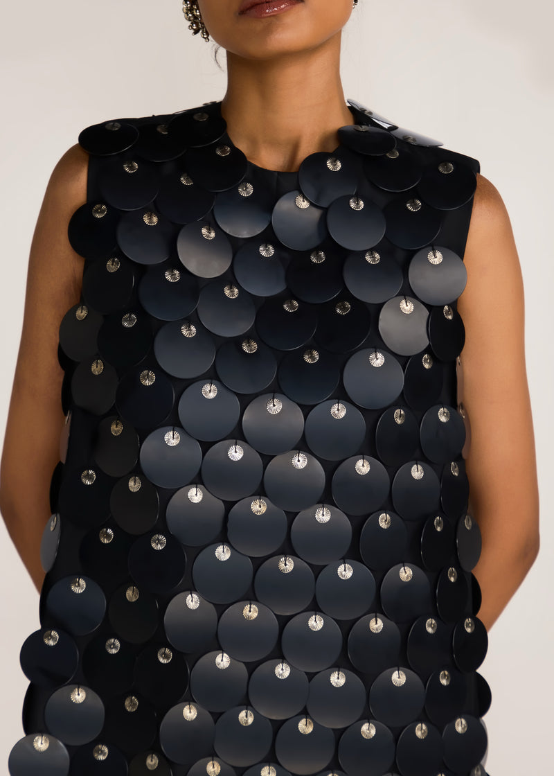 ROSANI The Thira dress in black - black oversized disc-embellished dress, craft detail