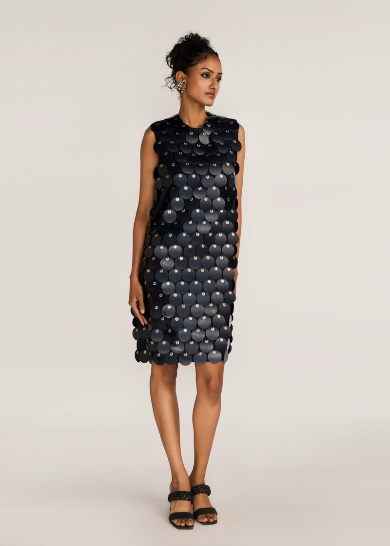ROSANI The Thira dress in black - black oversized disc-embellished dress, front view