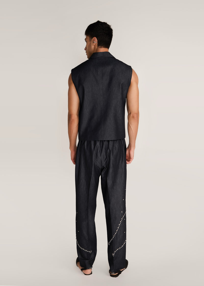 ROSANI The Ubuntu vest in charcoal - charcoal denim vest with asymmetric collar and placket, back view