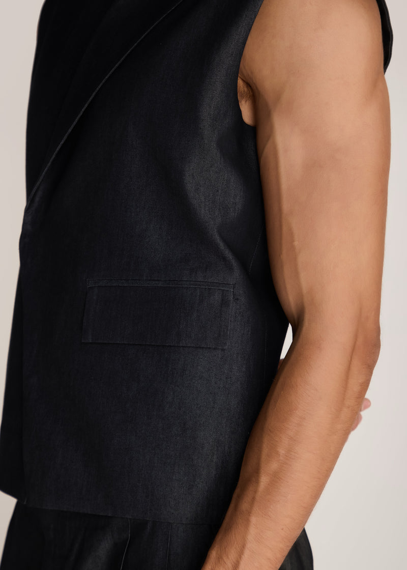 ROSANI The Ubuntu vest in charcoal - charcoal denim vest with asymmetric collar and placket, craft detail