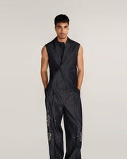 ROSANI The Ubuntu vest in charcoal - charcoal denim vest with asymmetric collar and placket, front view, alternate angle