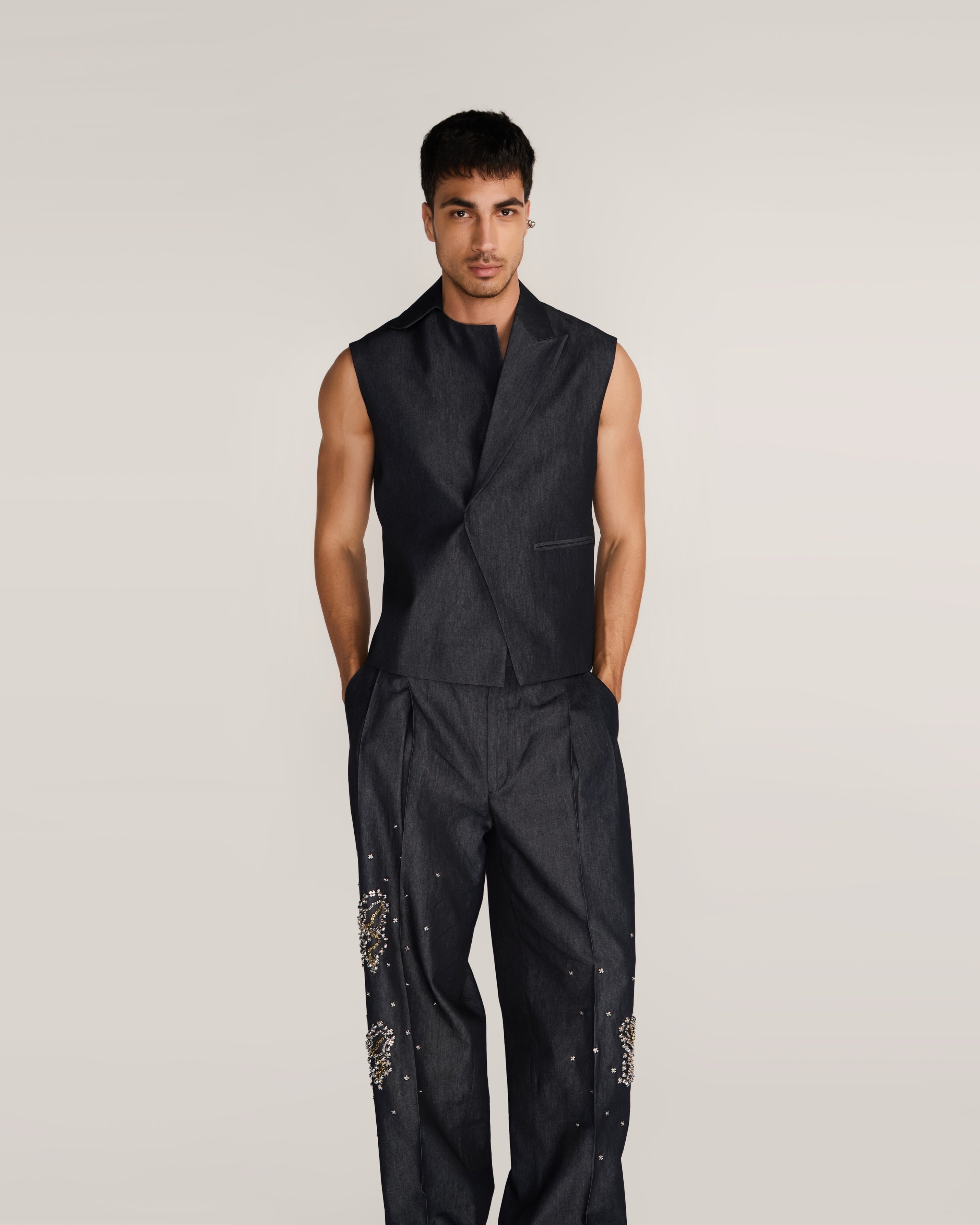 ROSANI The Ubuntu vest in charcoal - charcoal denim vest with asymmetric collar and placket, front view, alternate angle