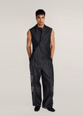 ROSANI The Ubuntu vest in charcoal - charcoal denim vest with asymmetric collar and placket, front view, alternate angle