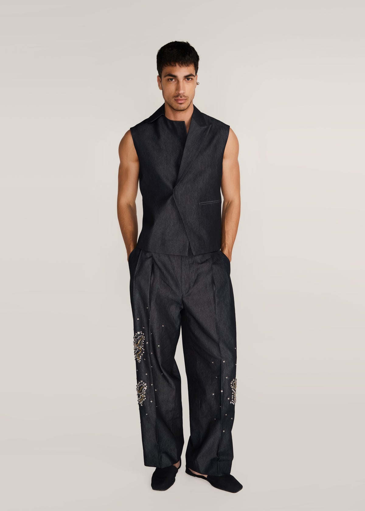 ROSANI The Ubuntu vest in charcoal - charcoal denim vest with asymmetric collar and placket, side view