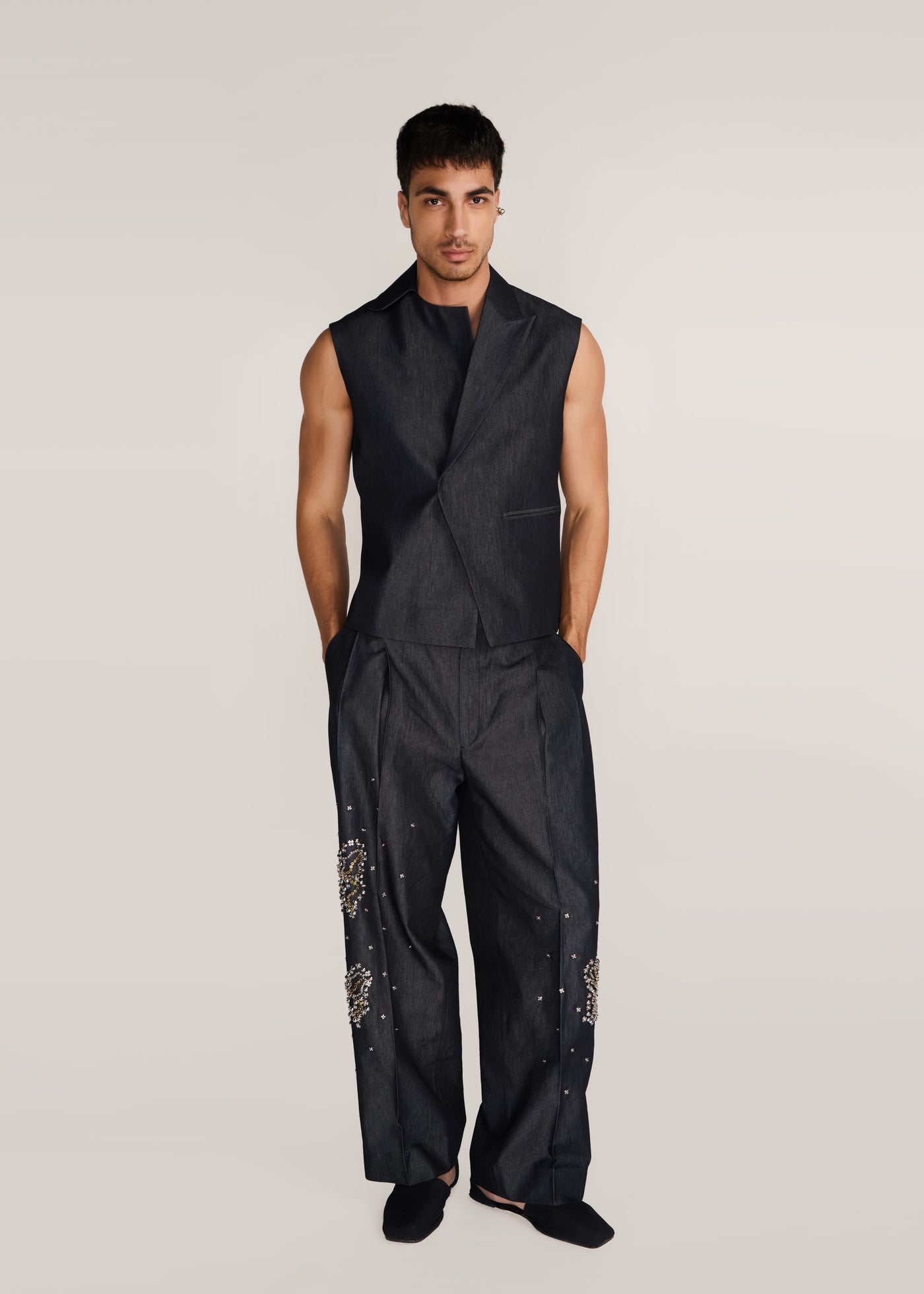 ROSANI The Ubuntu vest in charcoal - charcoal denim vest with asymmetric collar and placket, front view, alternate angle