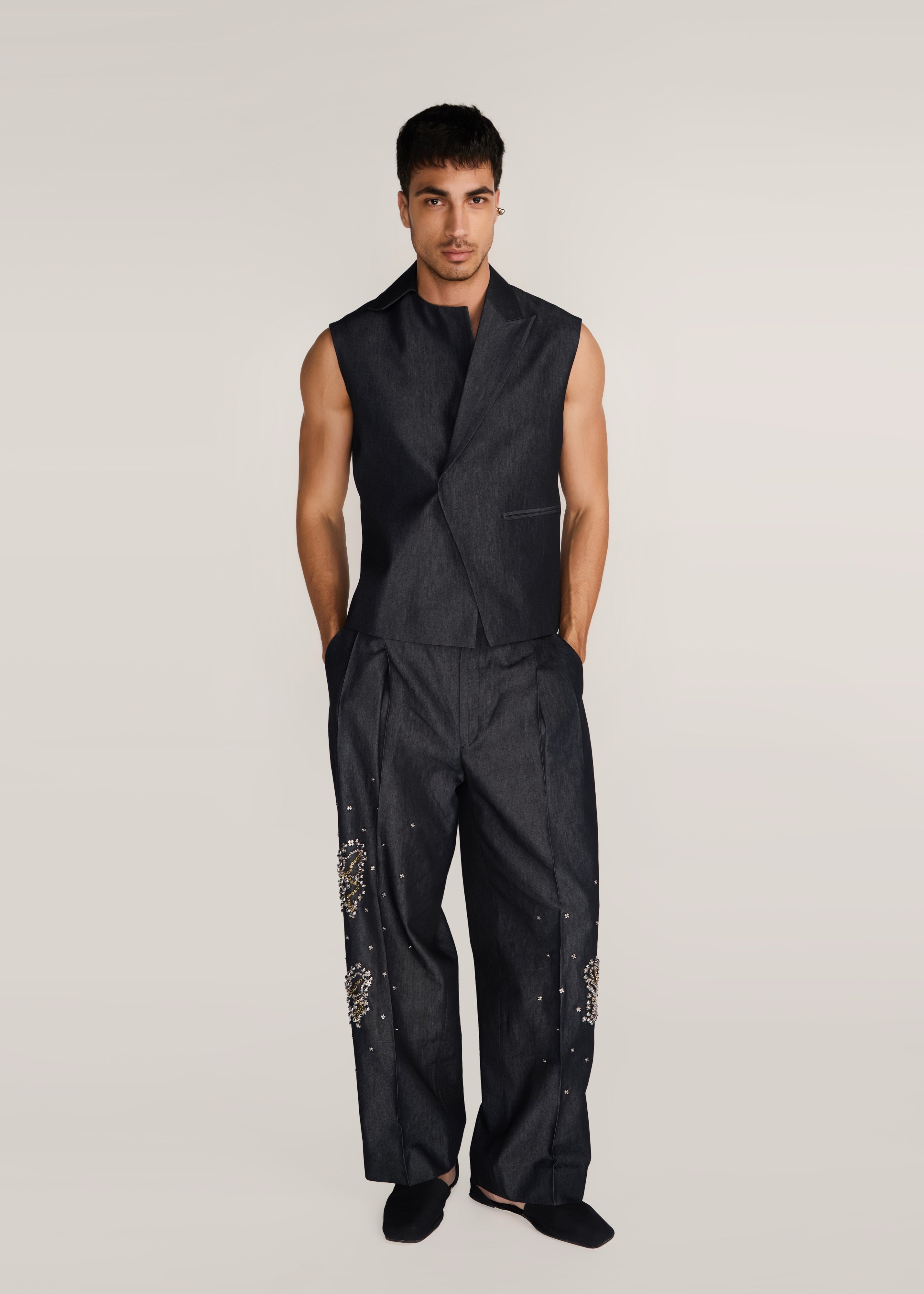 ROSANI The Ubuntu vest in charcoal - charcoal denim vest with asymmetric collar and placket, side view